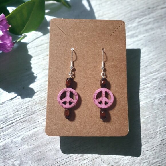 Handmade By Donovan Pink Peace Earrings Boho Bead Dangle Artisan Beach Core 70s - Picture 1 of 3